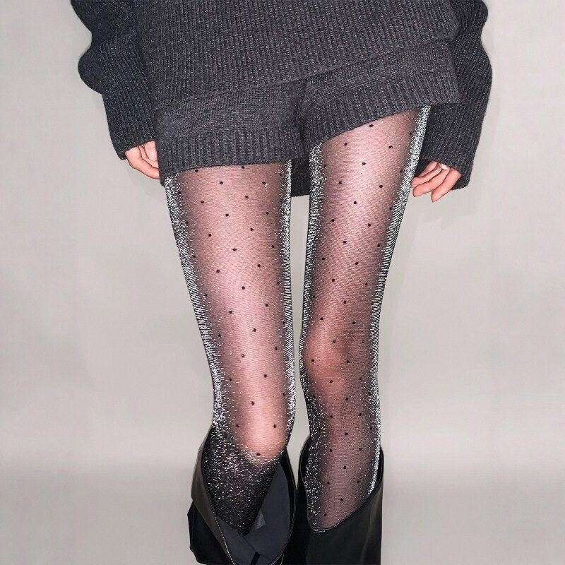 Polka-dot Black Silk Stockings With Shimmering Pearly Silver Thread
