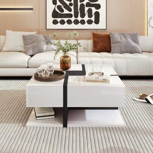 Coffee Table, Table With 4 Drawers, Unique Color Matching And Line Design, Storage Space At The Bottom. 78x78x36cm