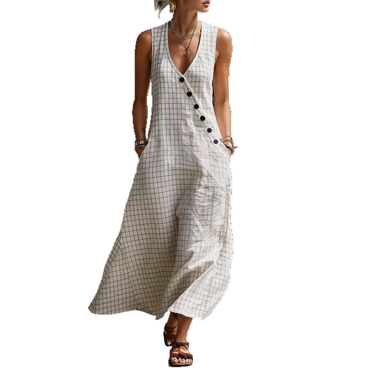 Womens Loose V-Neck Slant-Button Dress