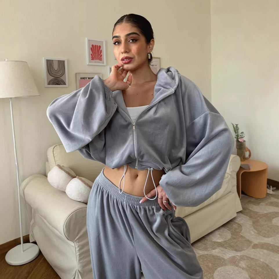 Conjunto informal para mujer: cárdigan de manga larga con cremallera y sudadera con capucha