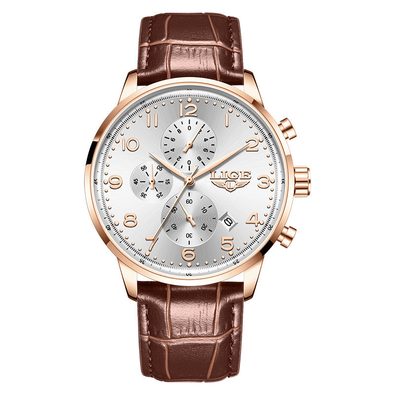 Reloj mecánico de negocios para hombre, multifuncional, con calendario y correa de cuero, resistente al agua