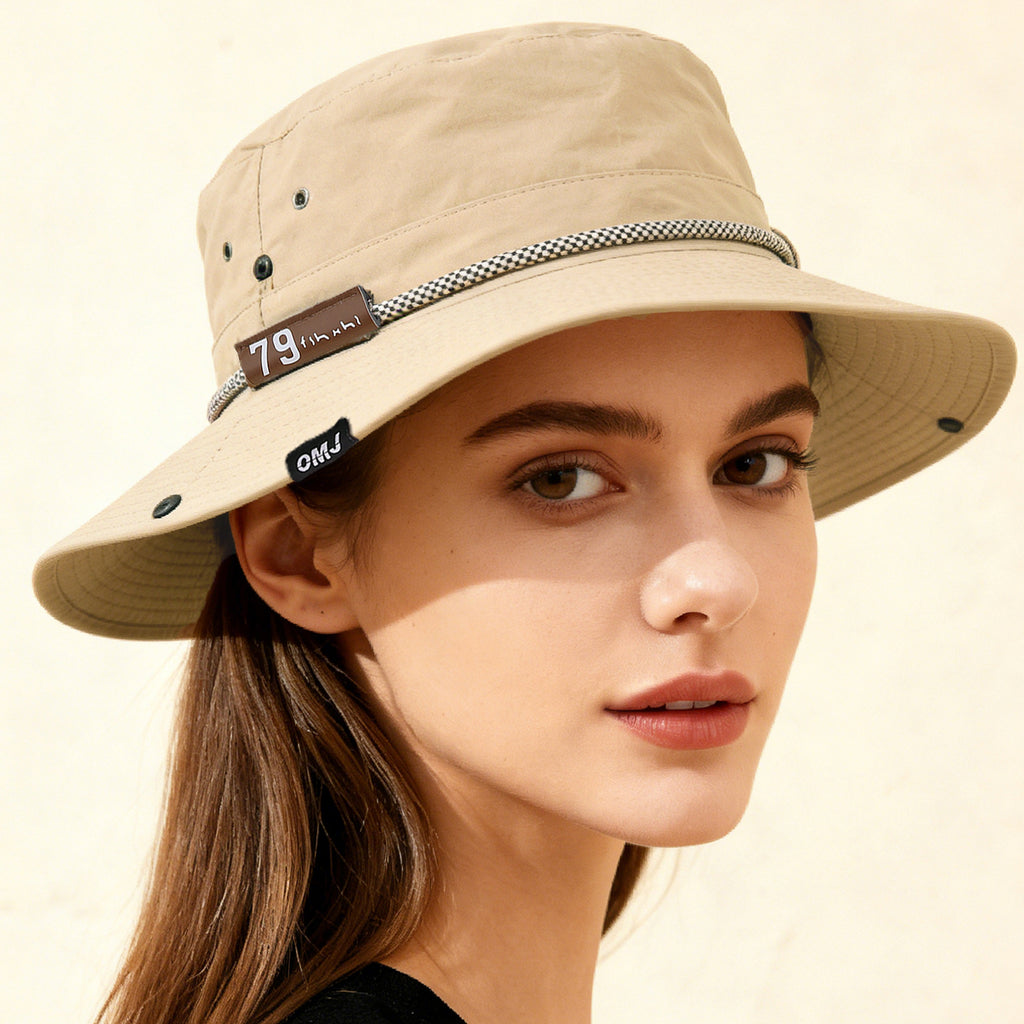 Plain-color Letter-pattern Leather Sun-protective Wide-brimmed Sunshade Outdoor Simple Style Fisherman Hat For Daily Commuting, Fishing, Mountain Climbing