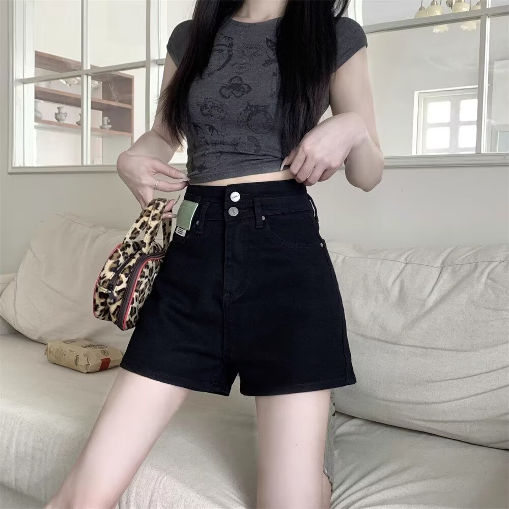 Shorts vaqueros negros de cintura alta para mujer, estilo ligero primavera-verano