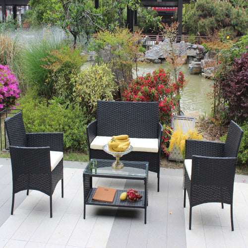 Juego de 4 muebles de patio de ratán con asiento acolchado para exterior, sofá de mimbre con cojín beige