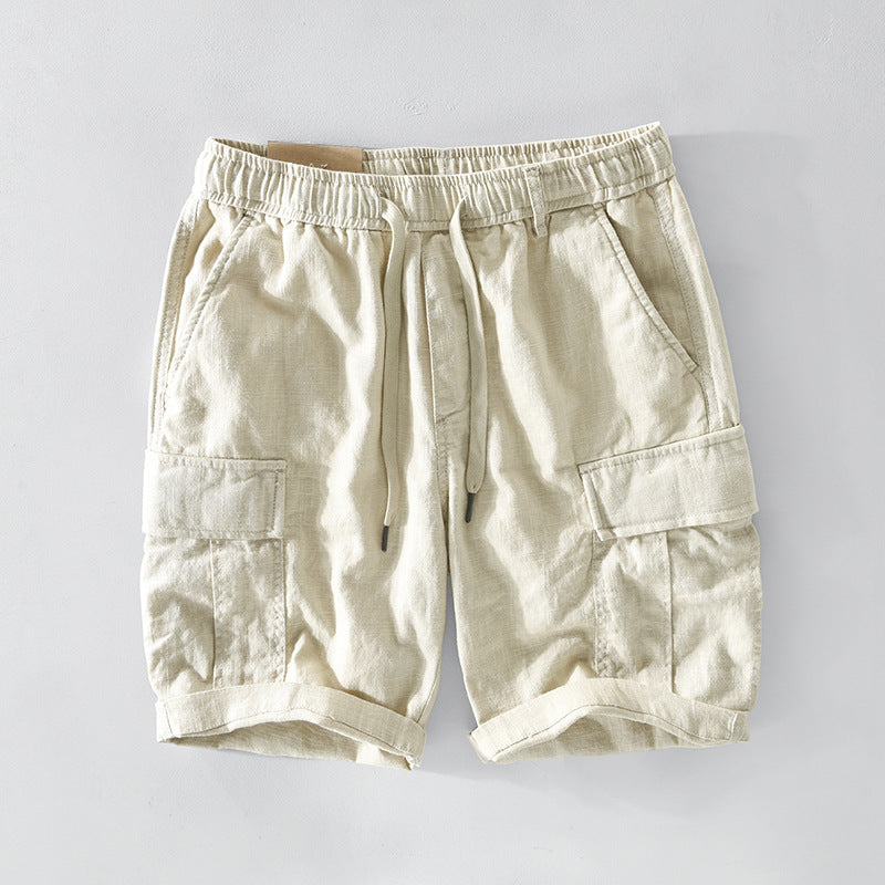 Pantalones cortos casuales de lino para hombre con cordón en el bolsillo
