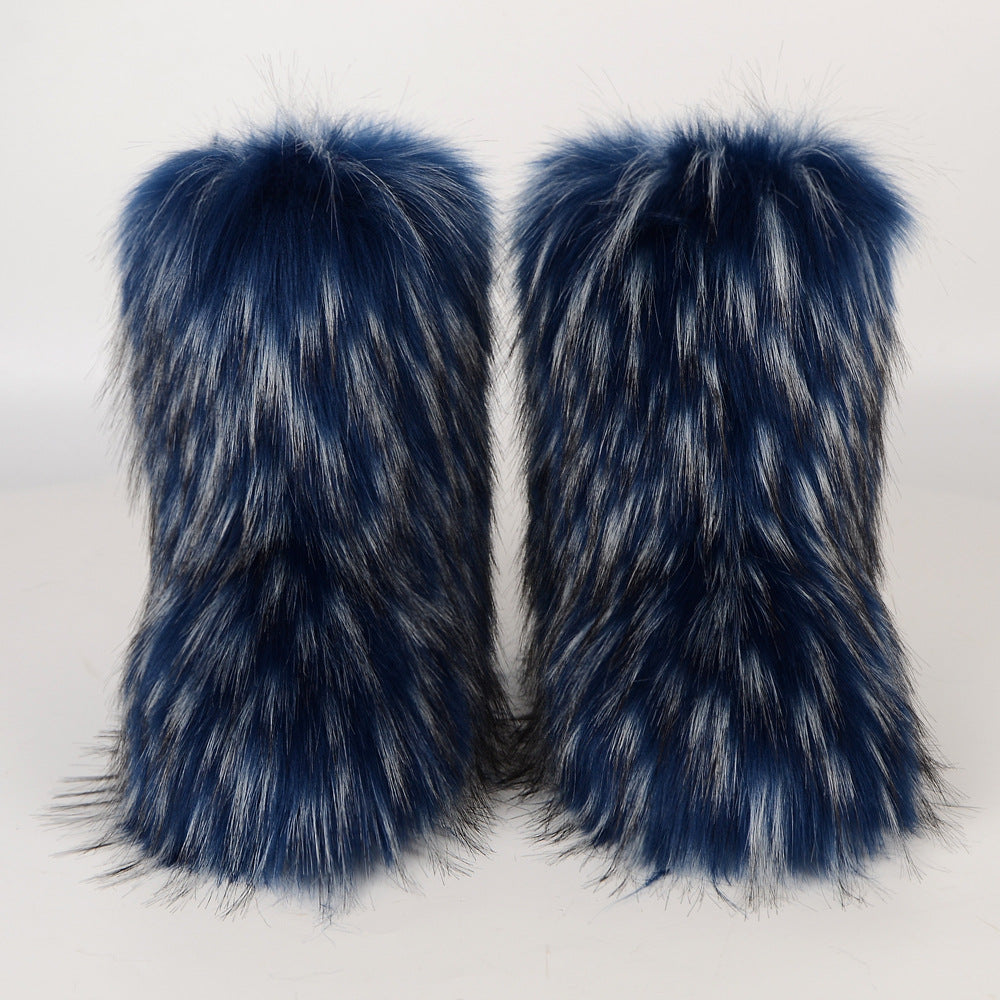 Botas de nieve de invierno con imitación de piel de mapache integrada para mujer, zapatos mullidos, botas de media caña para exteriores