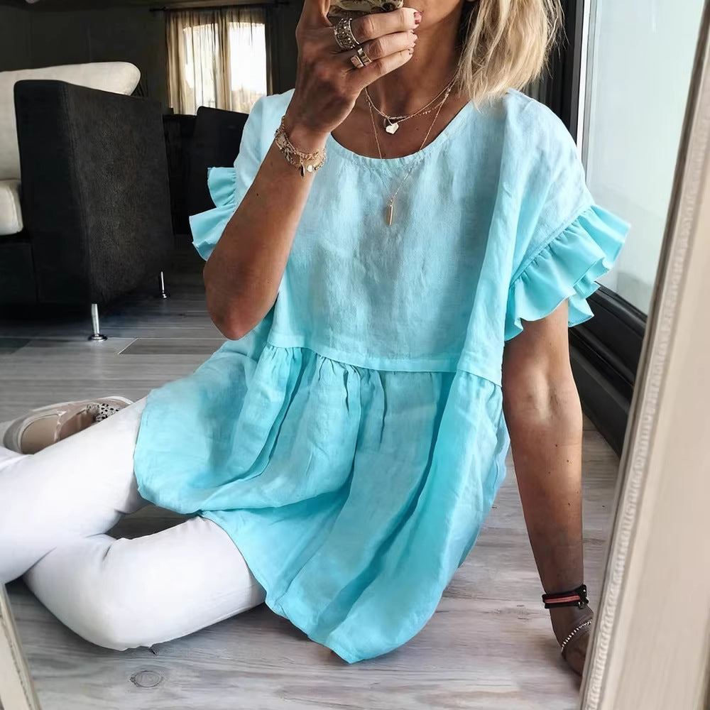 Solid-color Crewneck Short-sleeve Ruched Womens Top