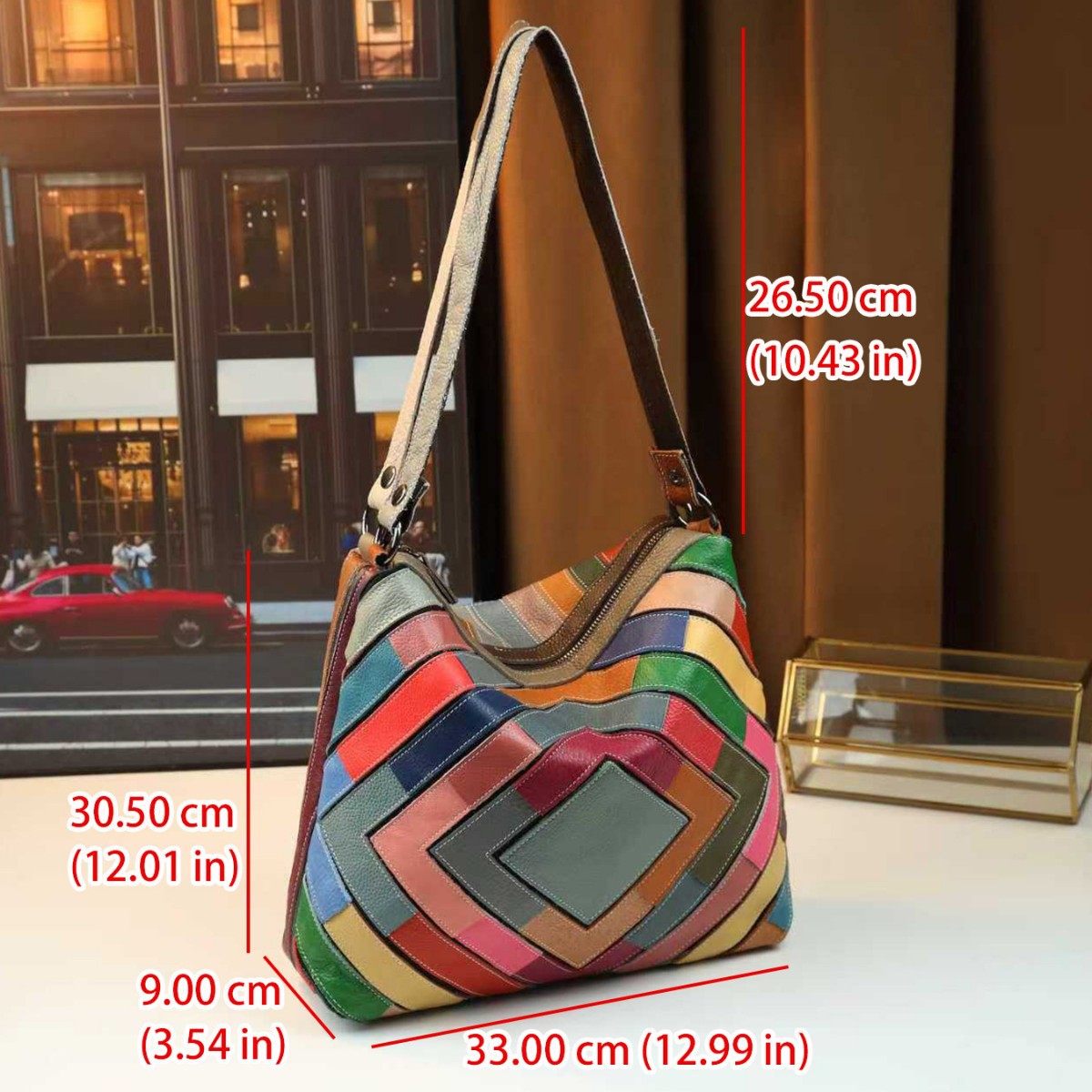 Bolso de hombro colorido con diseño de patchwork de cuero y cuadrícula geométrica
