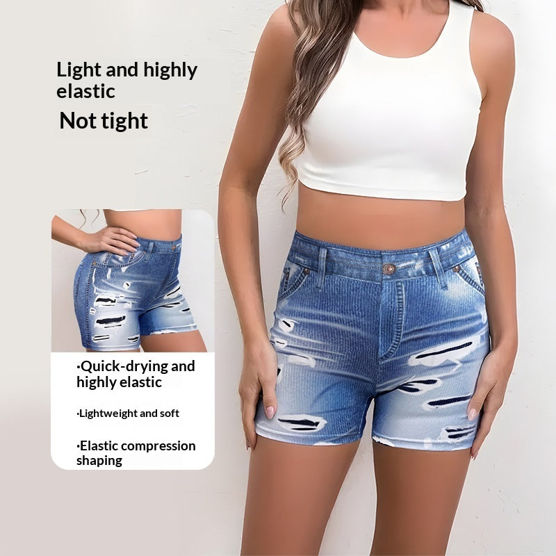 Pantalones tres cuartos estampados estilo denim con aspecto roto