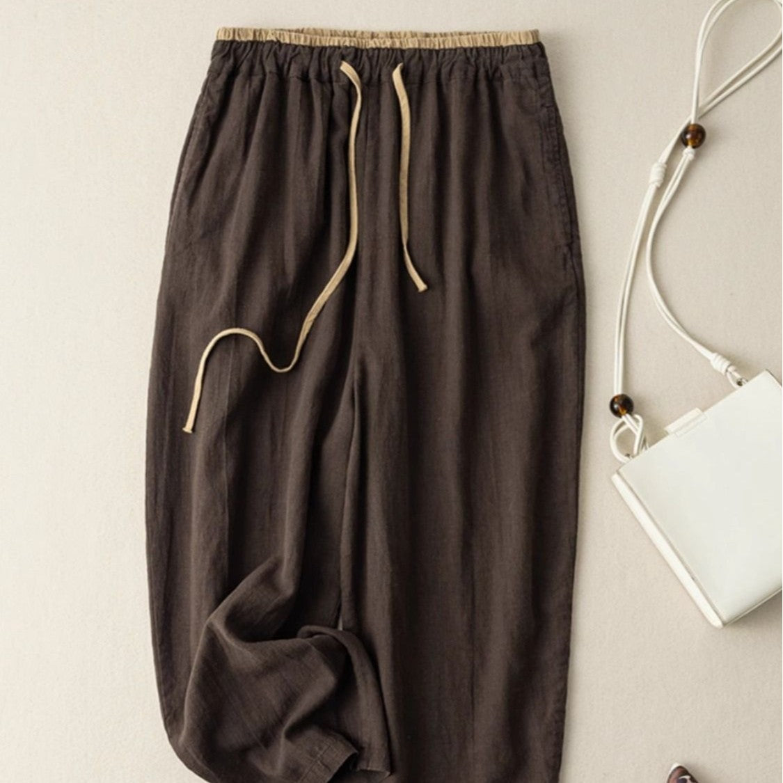 Pantalones casuales de pierna ancha de algodón y lino sencillos de estilo coreano retro para mujer