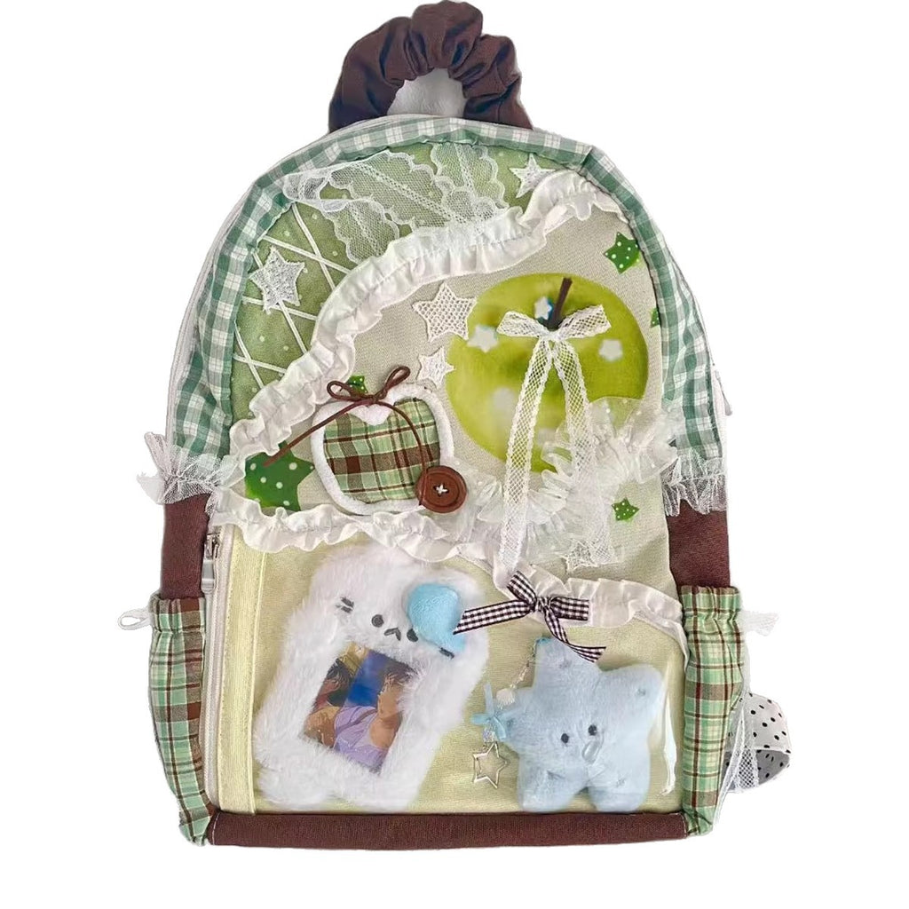 Large-capacity Backpack Plaid Canvas Bag With Contrasting Color Patchwork