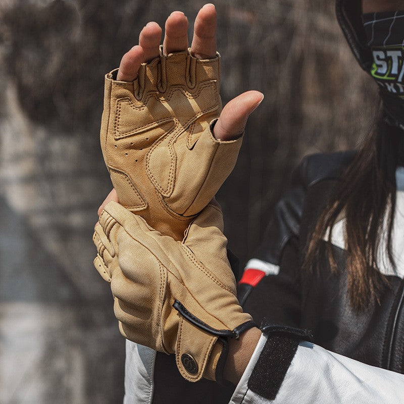 Guantes de moto de cuero vintage de medio dedo
