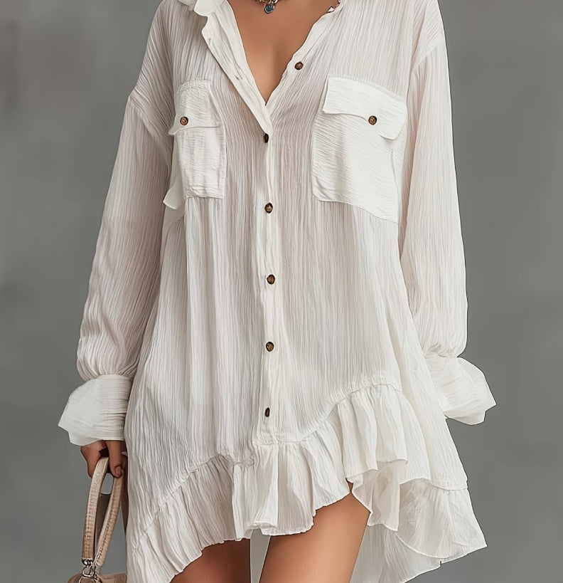 French-style Relaxed Pleated Loose Shirt Dress For Women