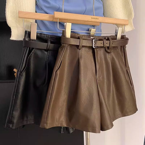 Black PU Leather Shorts A-line Wide-leg Pants