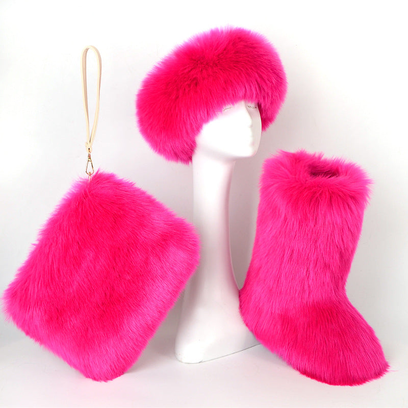 Botas de piel de terciopelo acolchadas de talla grande con imitación de piel de zorro, botas de nieve para mujer, conjunto de tres piezas