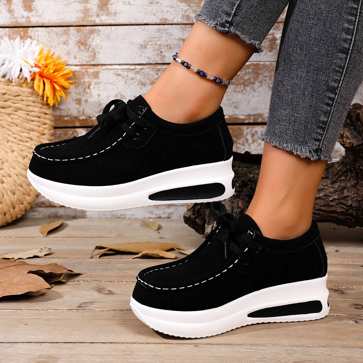 European And American-style Thick-soled Loafers With Front Laces And A Wedge Heelcasual Single-layer Shoes