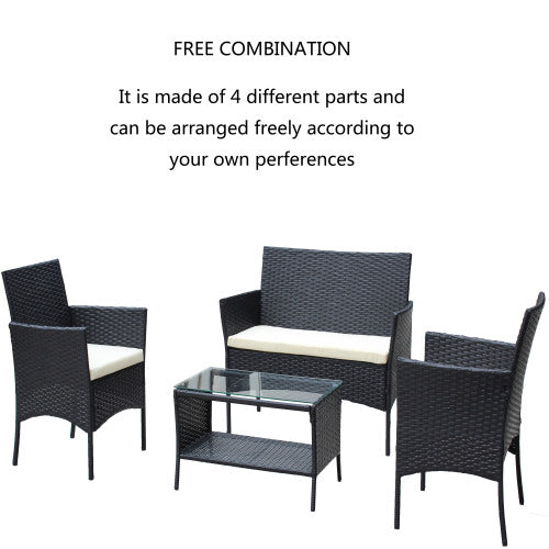Juego de 4 muebles de patio de ratán con asiento acolchado para exterior, sofá de mimbre con cojín beige