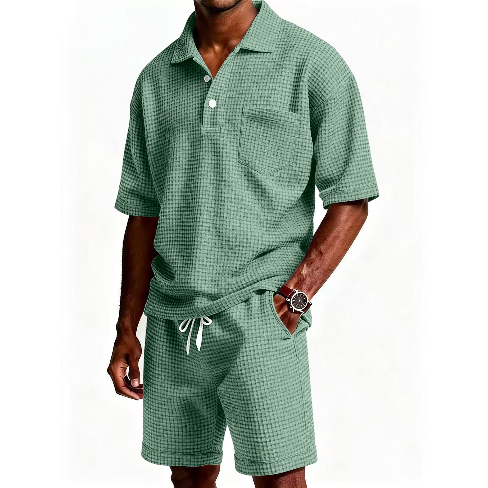 Men's Solid Color Lapel Short-Sleeve Shorts Set