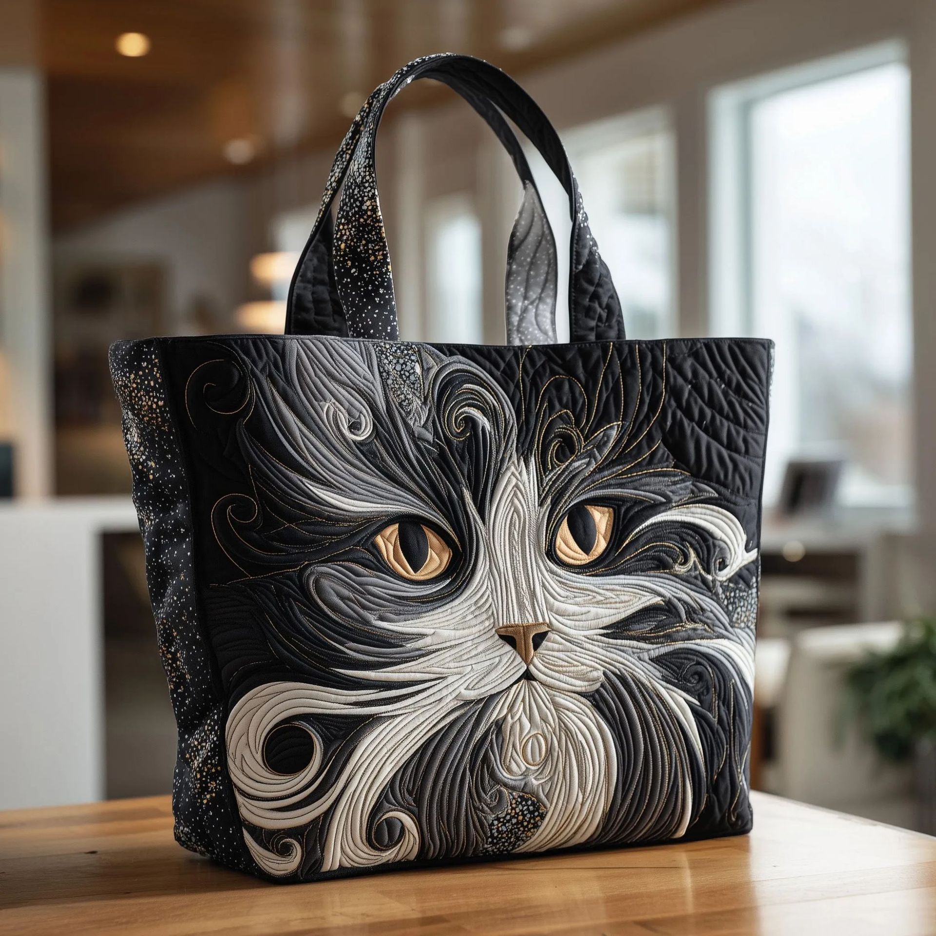 Bolso tote creativo de gran capacidad con impresión digital y bordado acolchado.