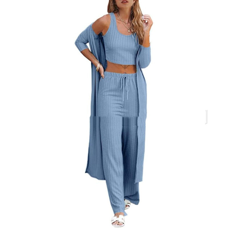 Conjunto de ropa de estar por casa para mujer de tres piezas: chaleco, pantalón y bata
