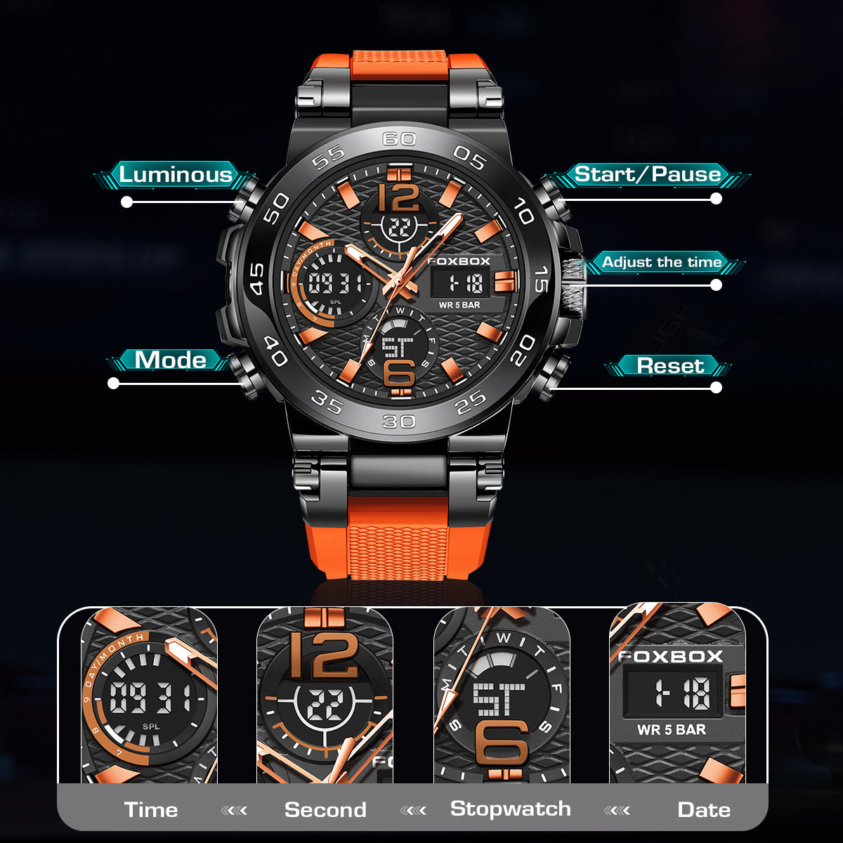 Reloj deportivo elegante y multifuncional con resistencia al agua.