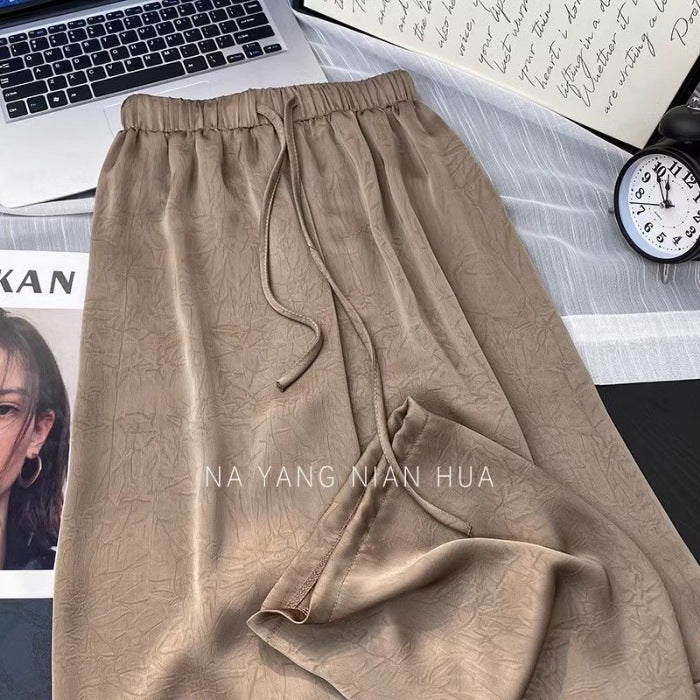 Pantalones de satén jacquard de pierna ancha de seda de hielo estilo chino para mujer