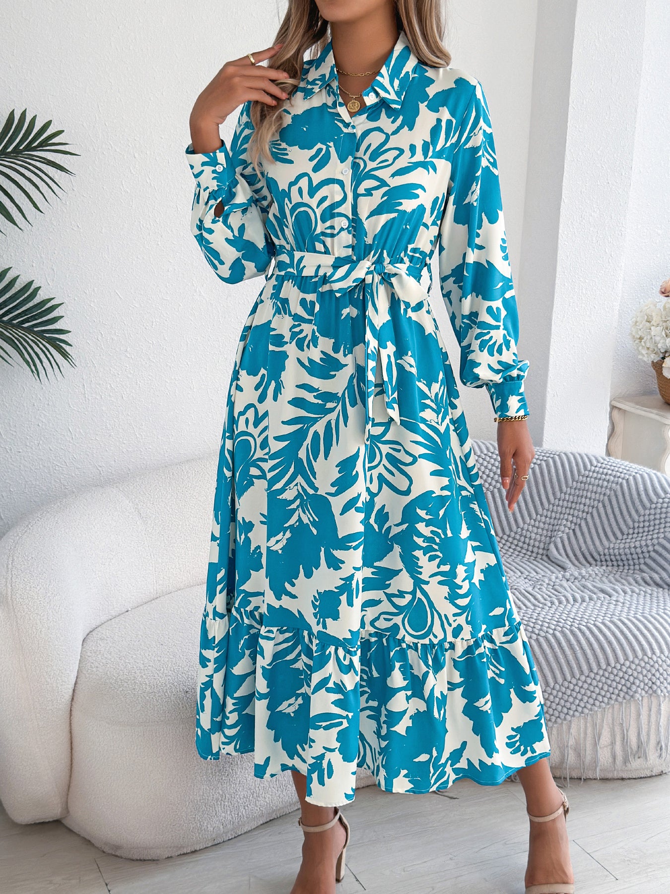 Vestido camisero largo informal con estampado floral y mangas largas con volantes para mujer