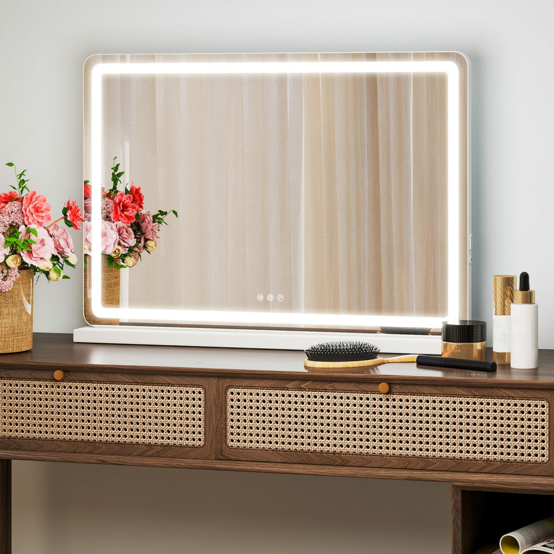 Espejo de tocador con luces LED, espejo de maquillaje con 3 modos de color regulables, control táctil, espejo de tocador de escritorio cuadrado blanco.