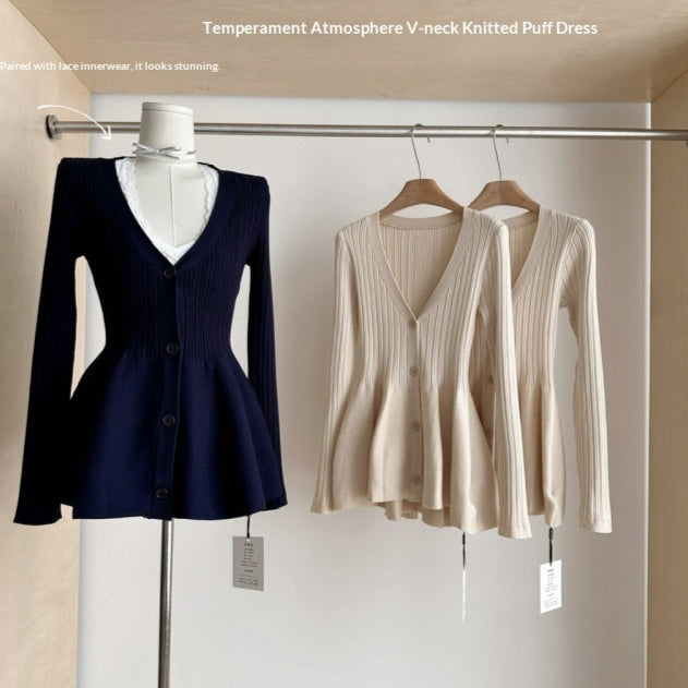Navy Blue Waist-Cinching Low-Neck All-Match Long-Sleeve V-Neck Knitted Cardigan