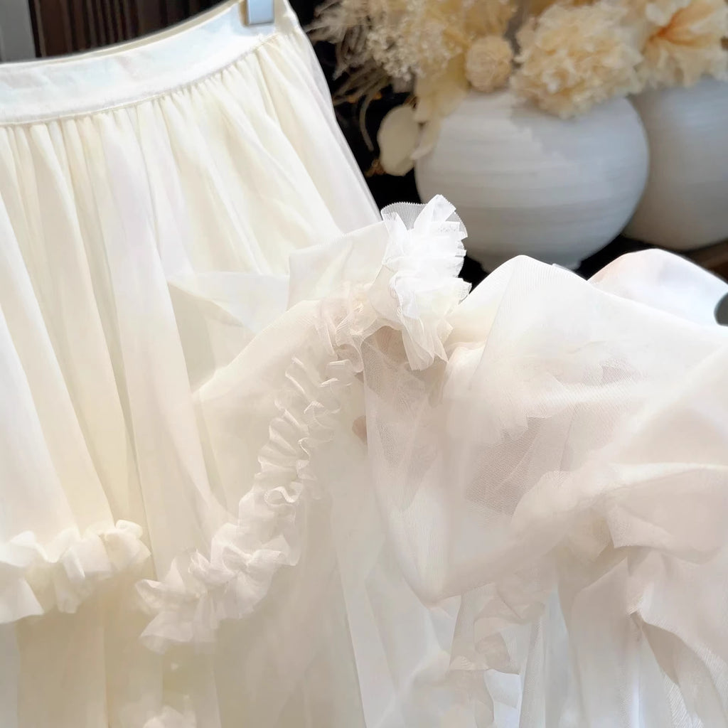 Womens Fashion Irregular Ruffle Trim Mesh Skirt
