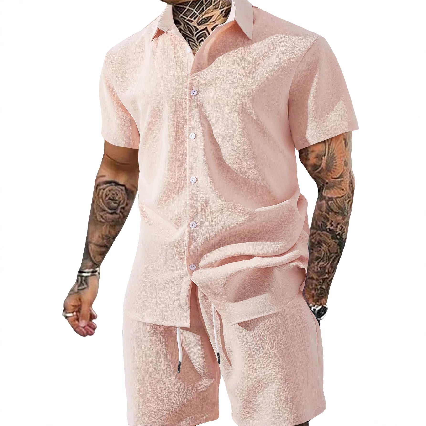 Men's Solid Color Lapel Short-Sleeve Shirt And Shorts Set