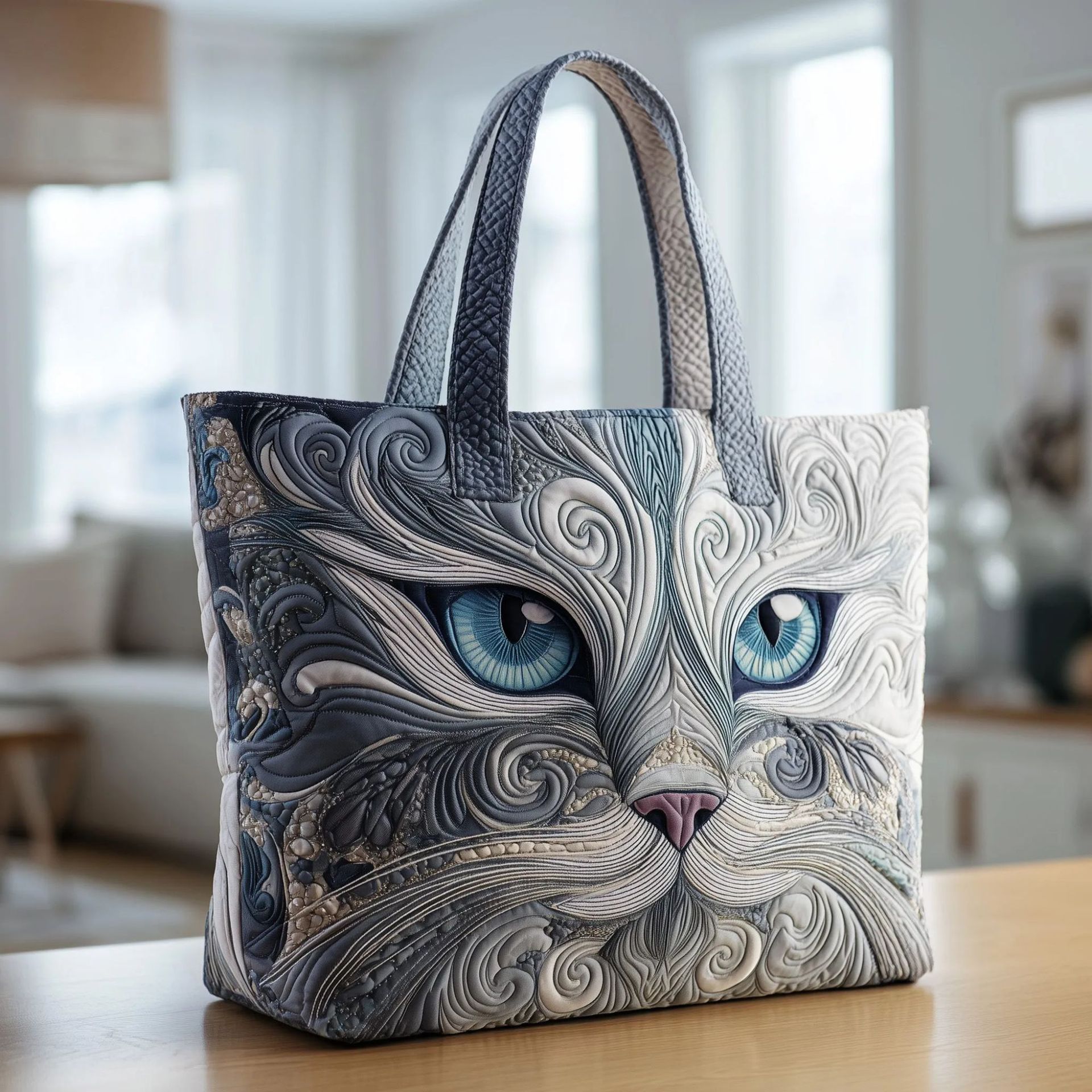 Bolso tote creativo de gran capacidad con impresión digital y bordado acolchado.