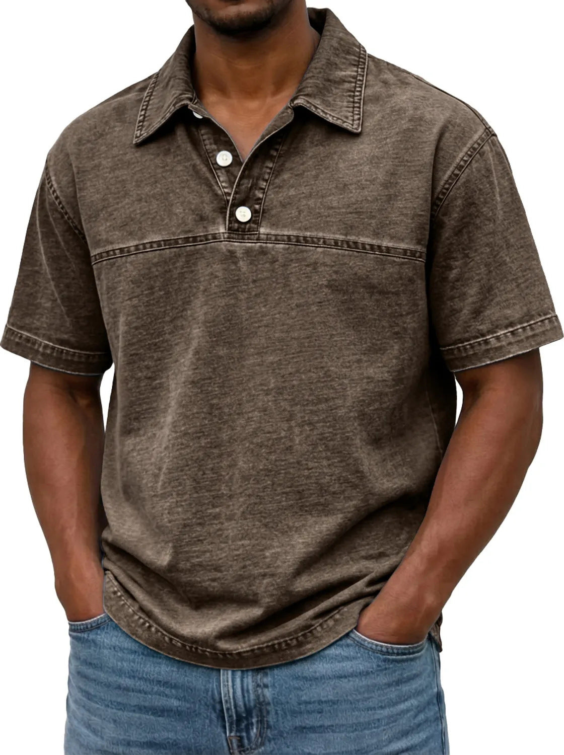 Polo vintage de manga corta con solapa y color liso para hombre