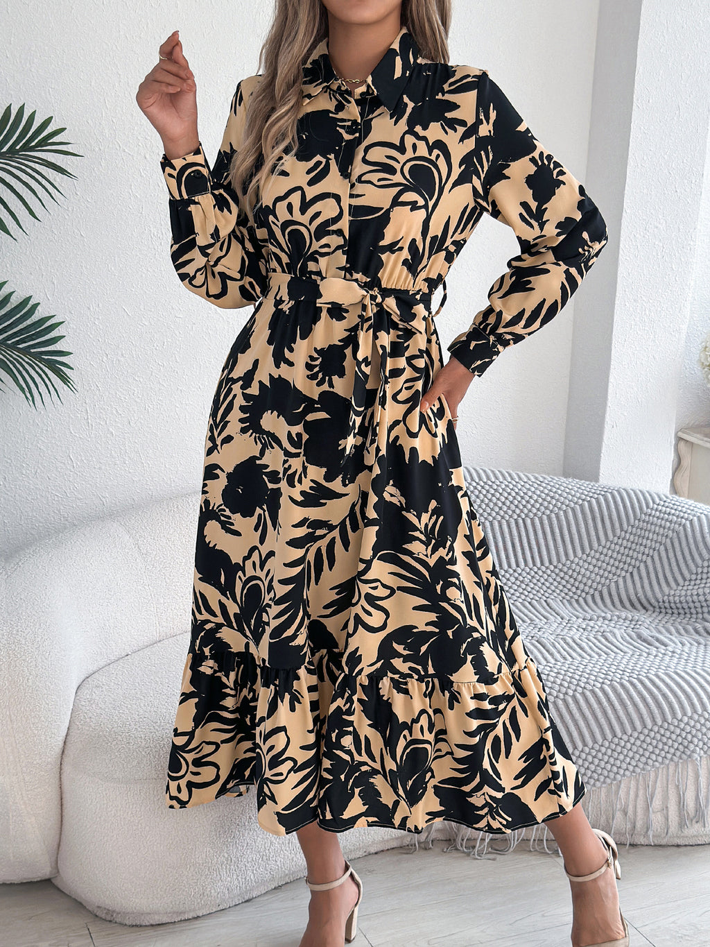 Women's Casual Floral Print Long Sleeve Ruffle Hem Shirt Maxi Dress
