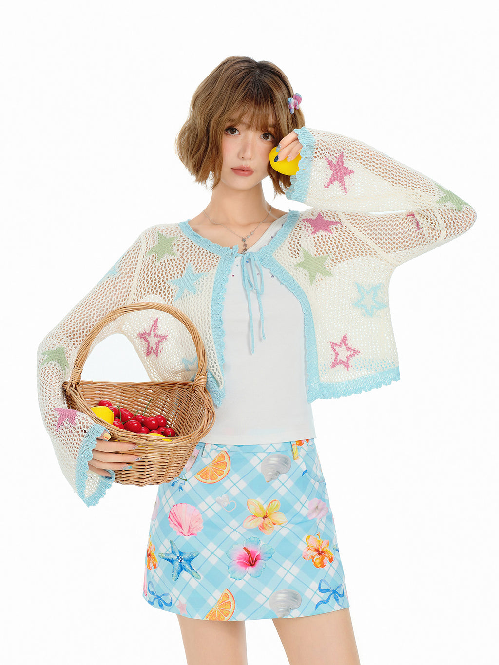 Cárdigan de punto calado con estampado floral en colores contrastantes para mujer