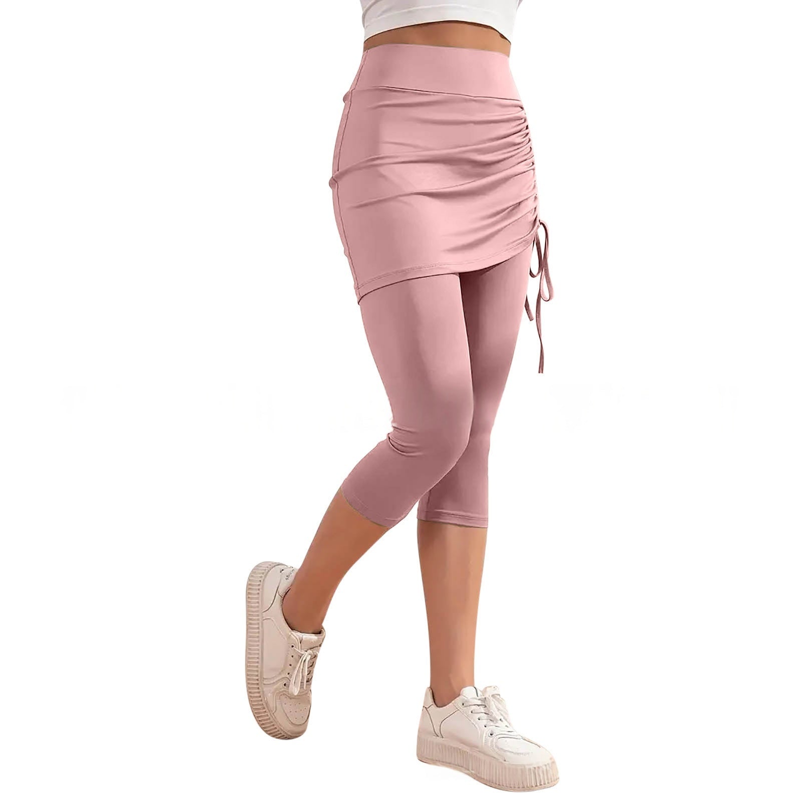 High-waisted Solid-color Slim-fit Ruched Capri Pants For Summer
