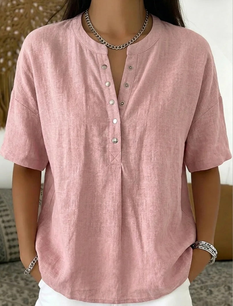 Solid Color Casual Pullover Short-Sleeve Shirt For Women