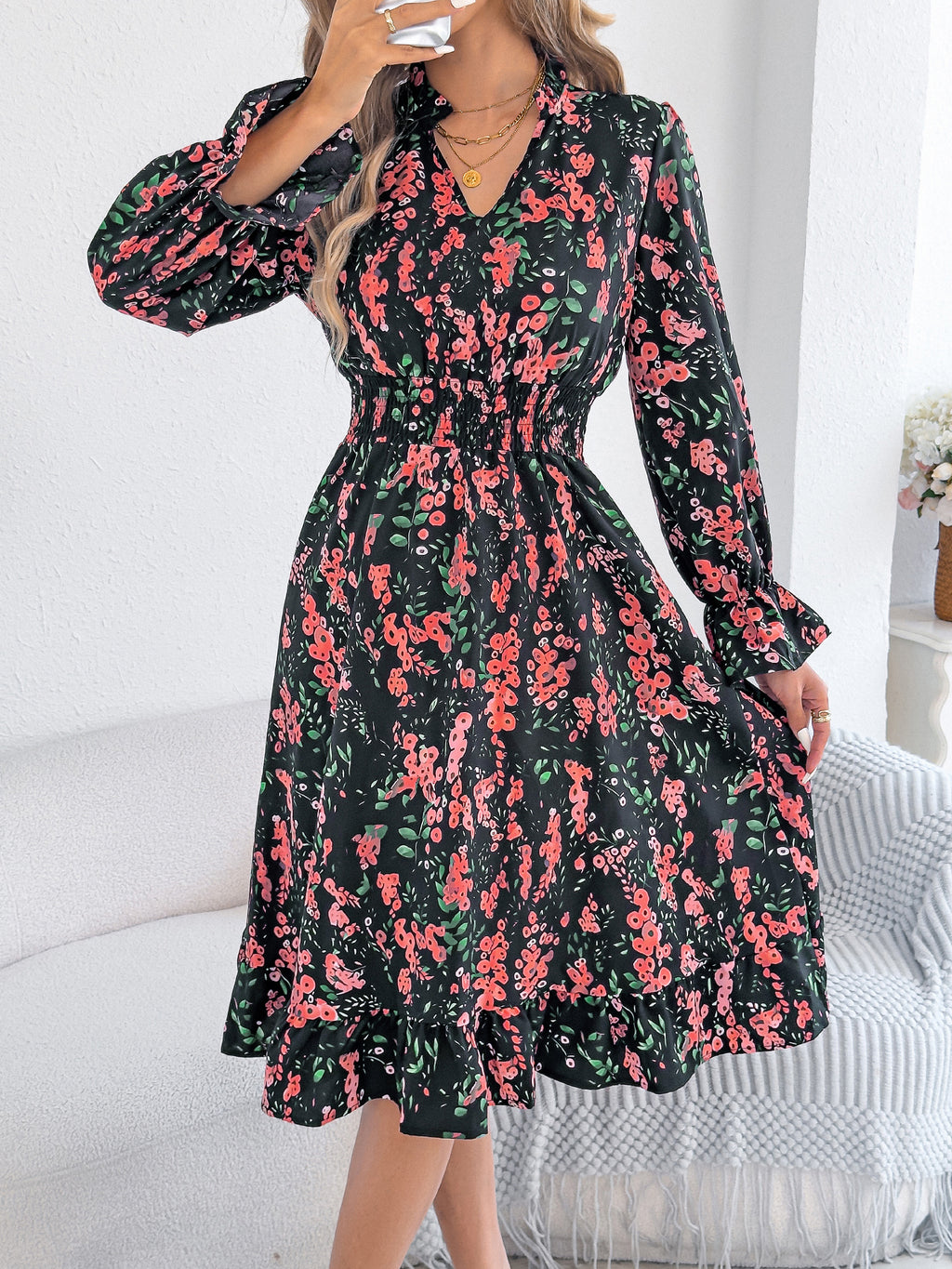 Vestido informal de corte A con estampado floral, mangas acampanadas y cintura anudada para mujer