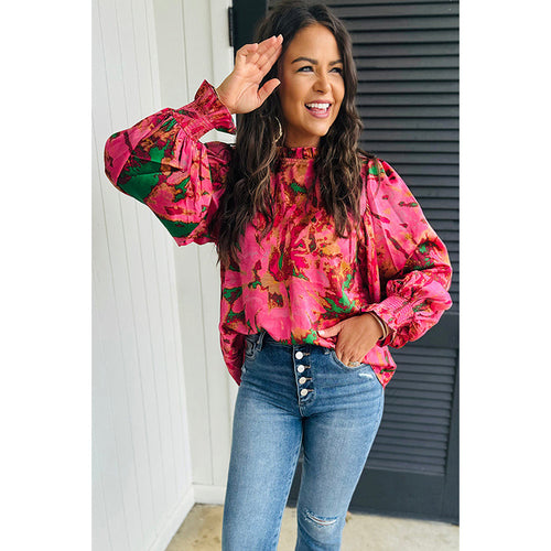Blusa de gasa con cuello alto y manga larga con estampado de bloques de color para mujer