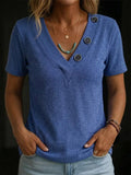 Women's Casual V-Neck Short-Sleeve T-Shirt With Buttons