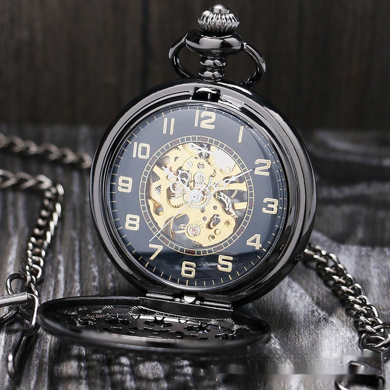 Reloj de bolsillo mecánico retro grande color pistola con diseño de telaraña