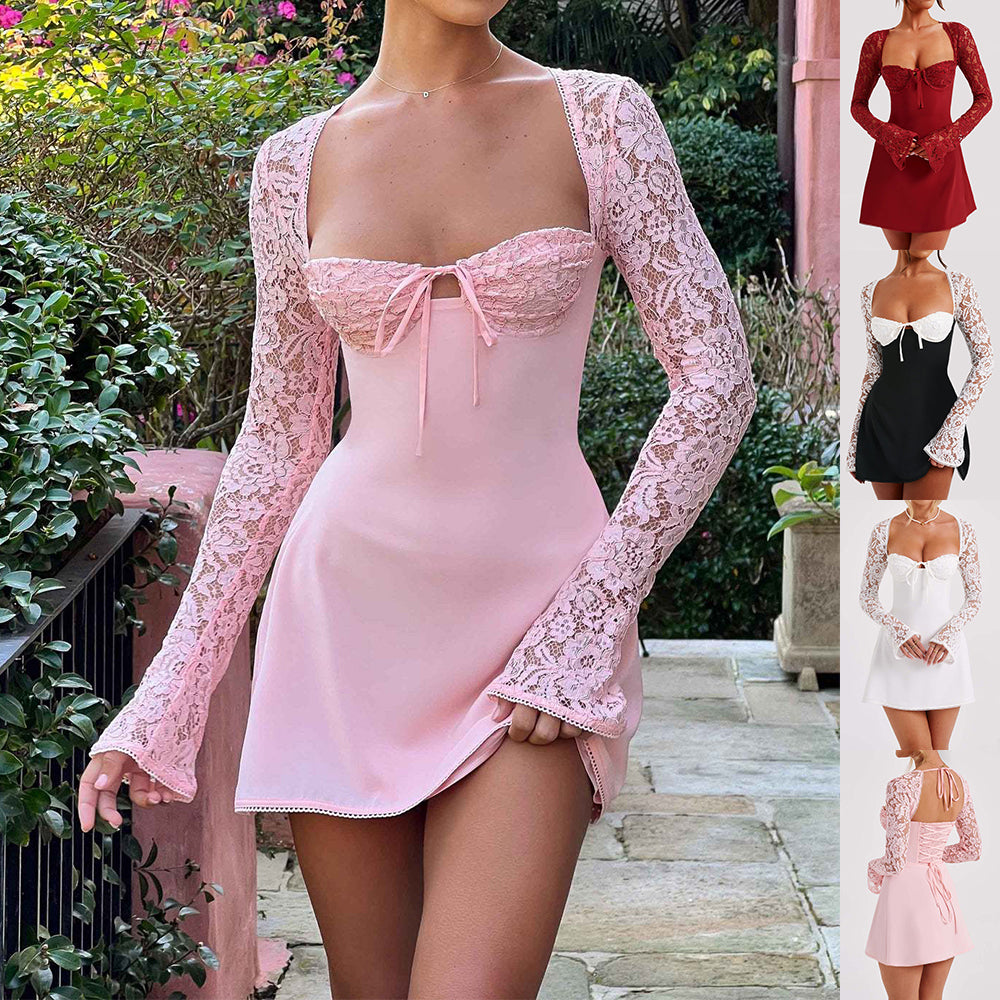 Vestido de encaje Y2K de manga larga, moda sexy, corsé, espalda descubierta, con cordones, vestidos cortos, ropa de mujer
