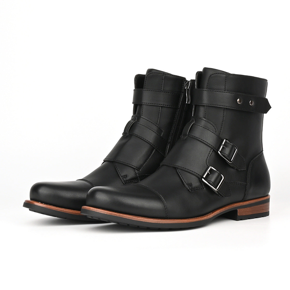 Botas vaqueras minimalistas vintage para hombre, de tacón bajo, con cremallera lateral y hebilla metálica