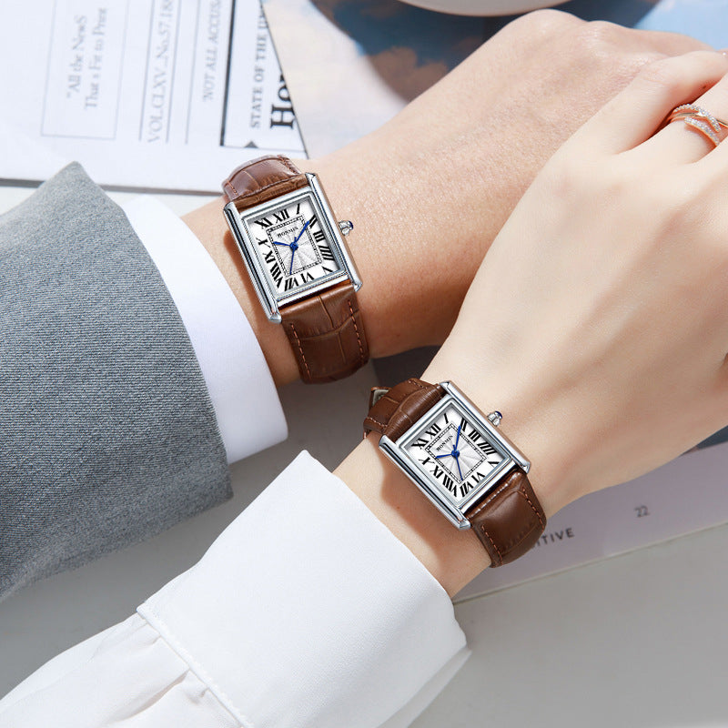 Reloj de pulsera de cuero para parejas, sencillo, cuadrado, para estudiantes, resistente al agua.