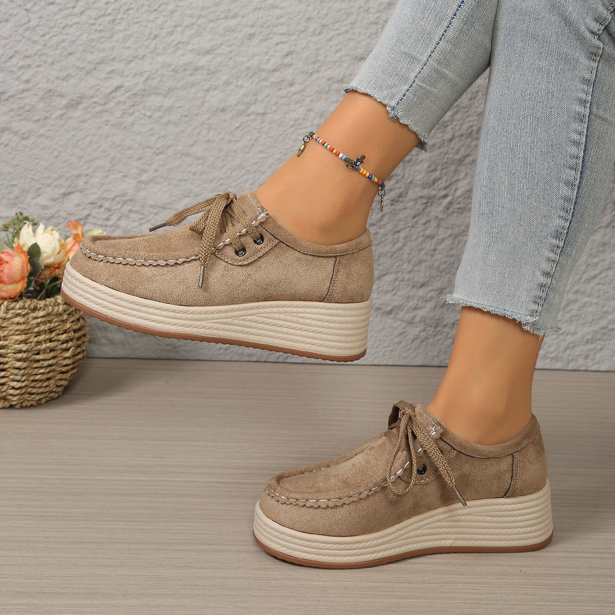 Zapatos de tacón para mujer de suela gruesa con cordones delanteros, estilo europeo y americano. Zapatos casuales de suela gruesa.