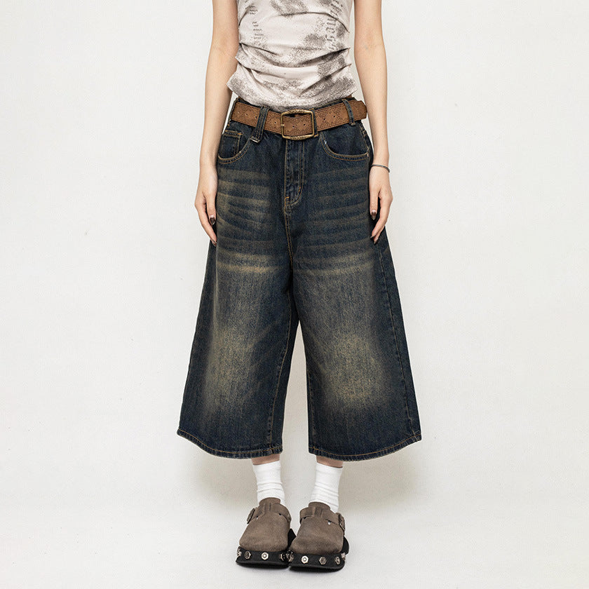Pantalones vaqueros anchos, holgados y recortados, estilo retro americano para mujer