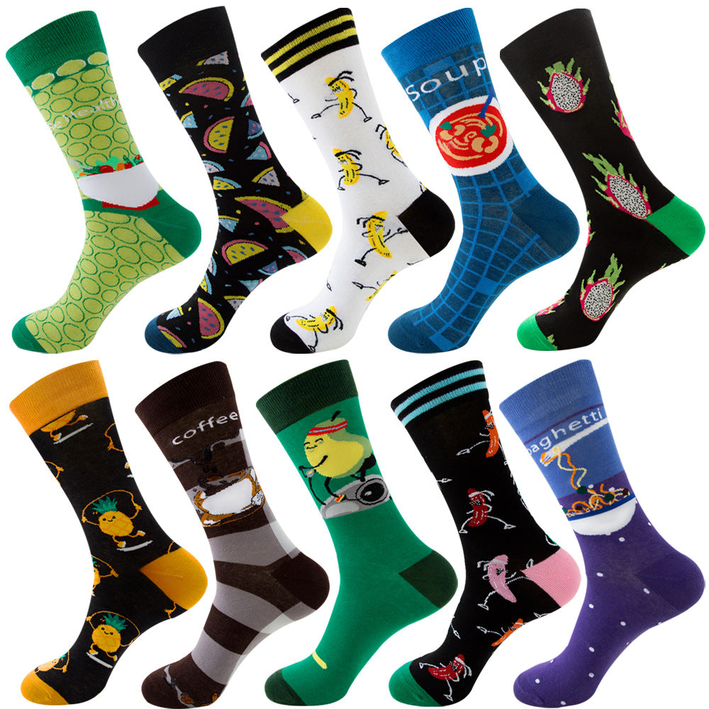 Calcetines de otoño para hombre con estampado de rombos y temática navideña de animales y frutas.