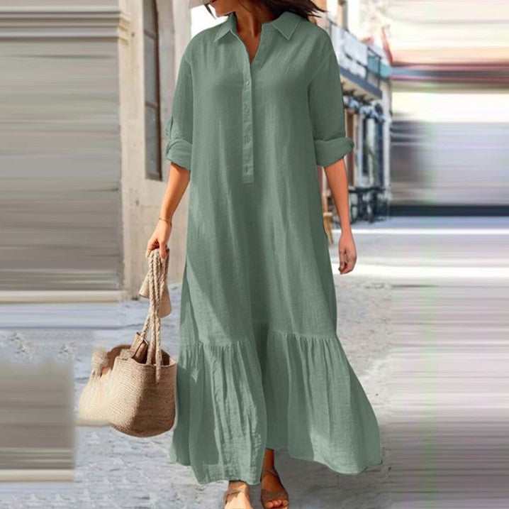Vestido largo asimétrico de lino y algodón con cuello camisero y botones retorcidos