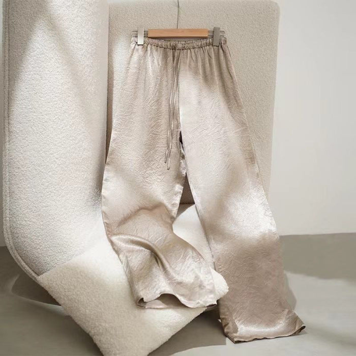 Pantalones de satén jacquard de pierna ancha de seda de hielo estilo chino para mujer