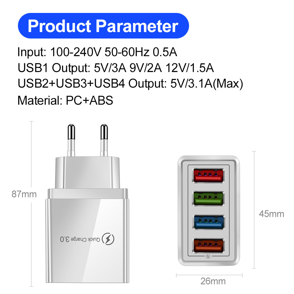 Cargador USB de carga rápida 3.0 para 4 teléfonos, adaptador para tableta, cargador de pared portátil, cargador rápido para móvil.